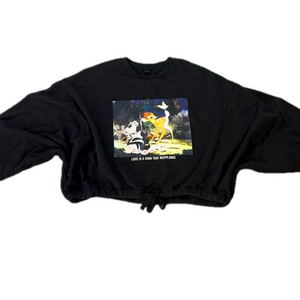 DISNEY BAMBI Rare Black Cropped Sweatshirt Batwing Sleeve Drawstring Waist M-XL